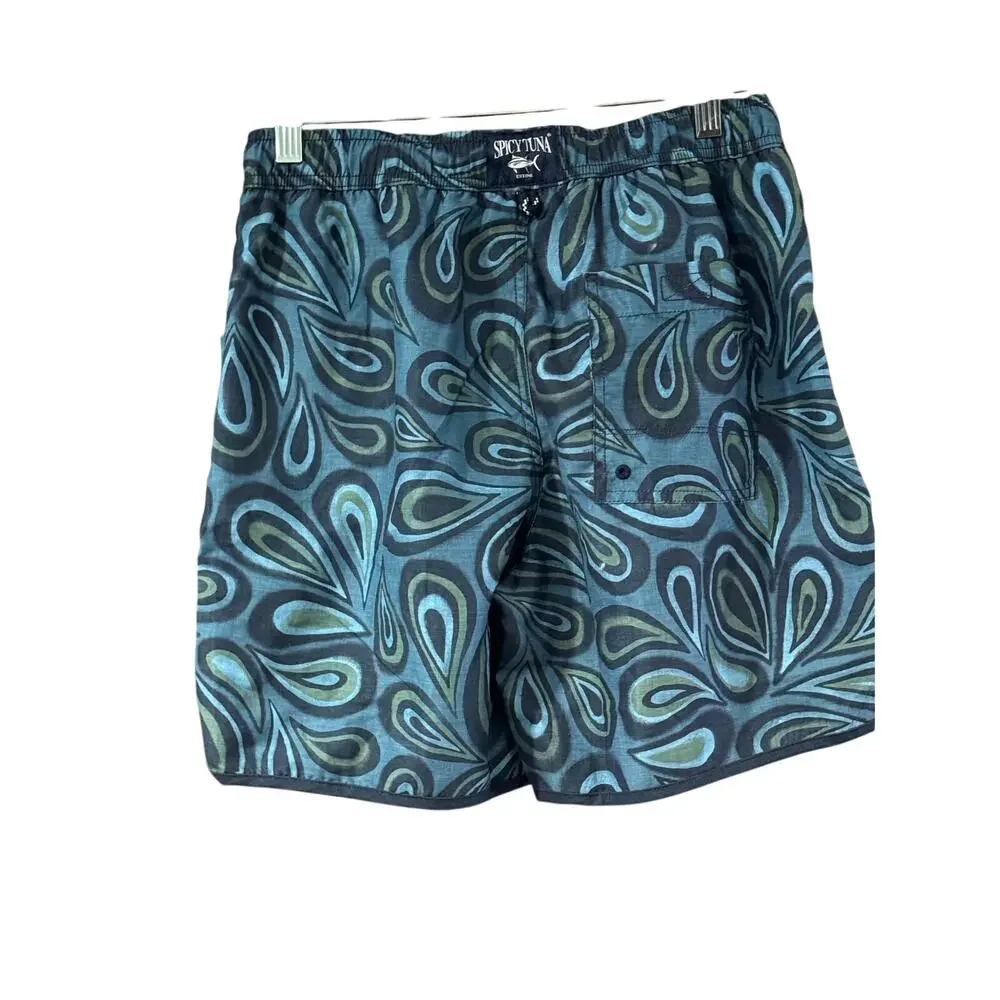 Spicy Tuna Mesh Lined Drawstring Swim Trunks Men Small Paisley Green Blue NWT